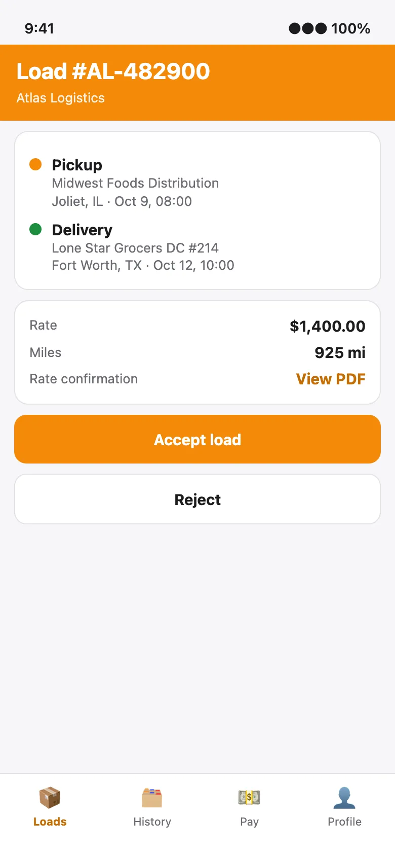 Driver app: load details with accept and reject