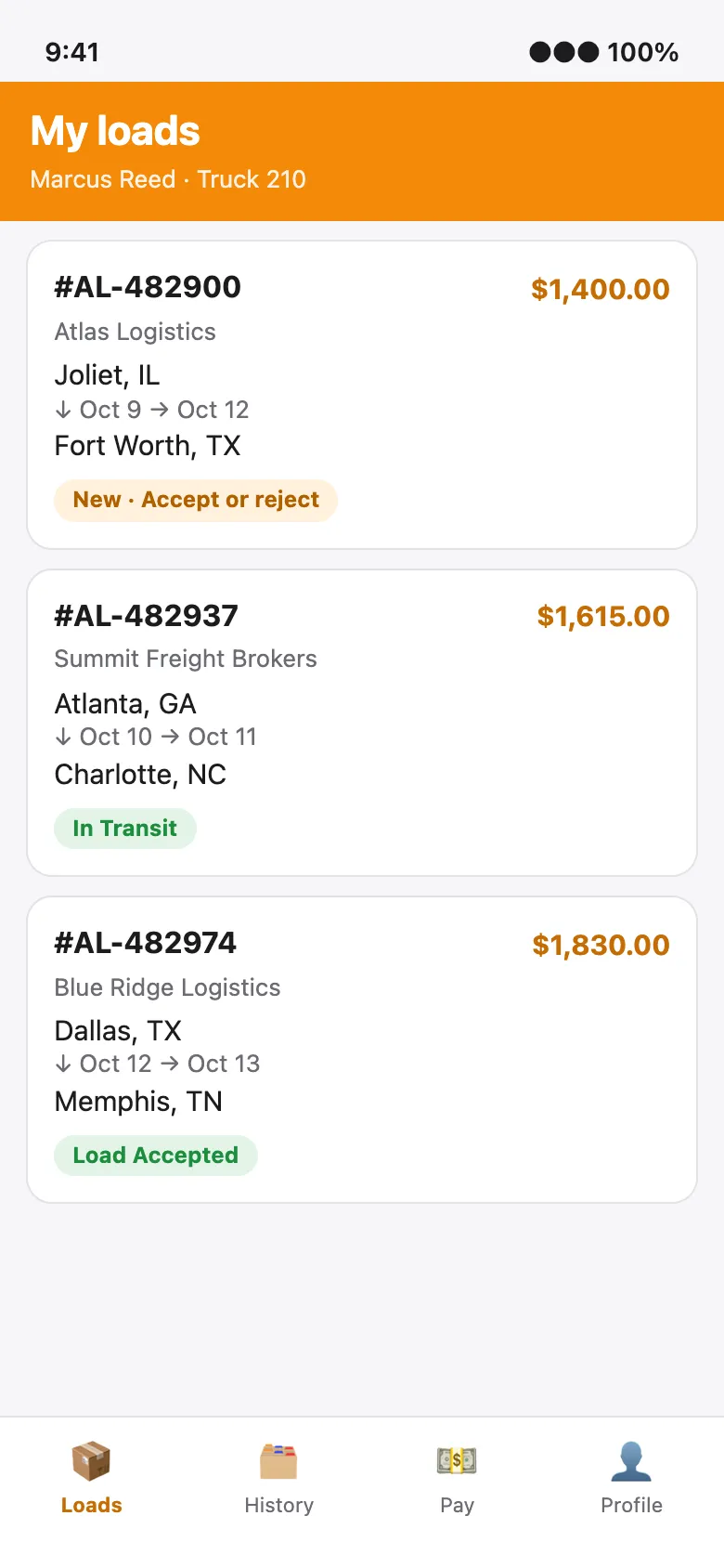 The Bee App driver app showing assigned loads