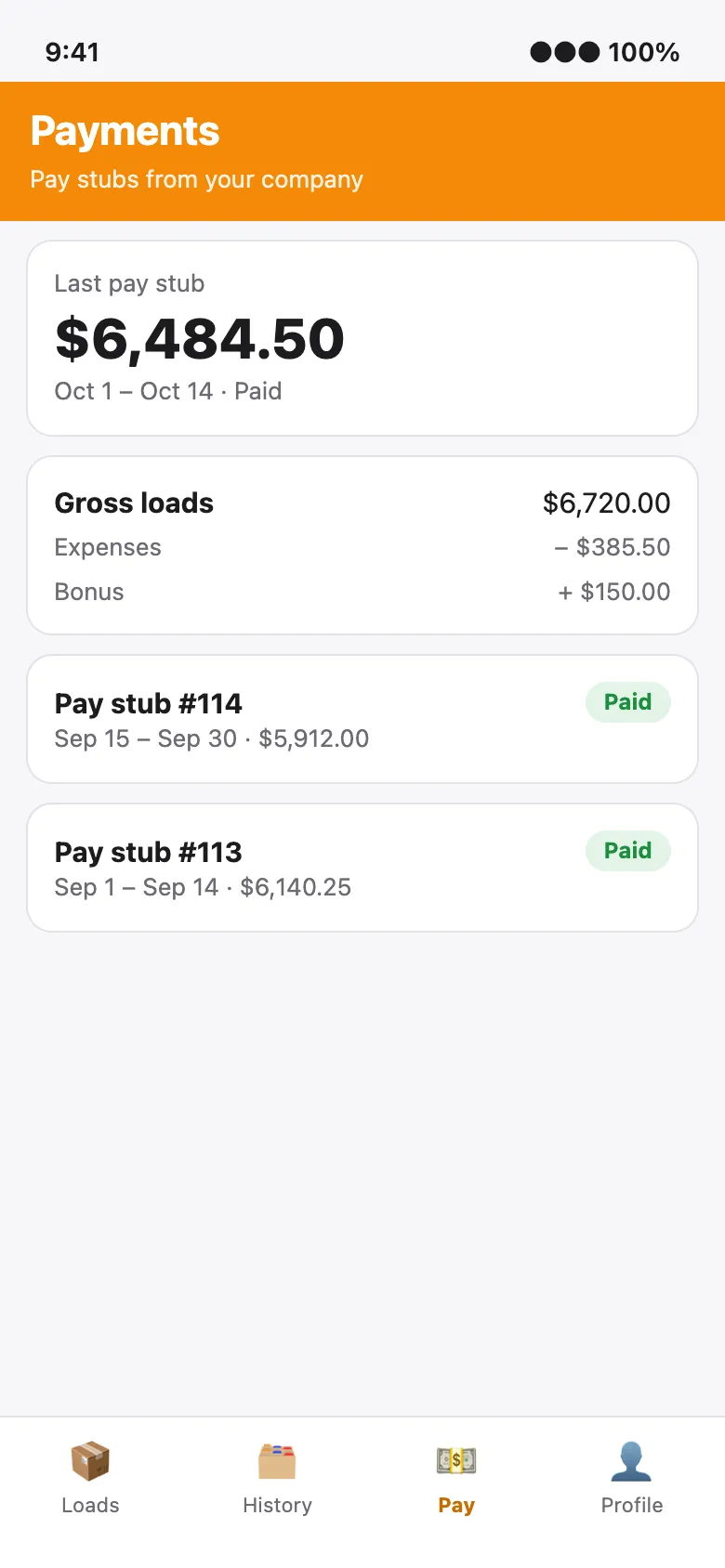 Driver app: pay stubs