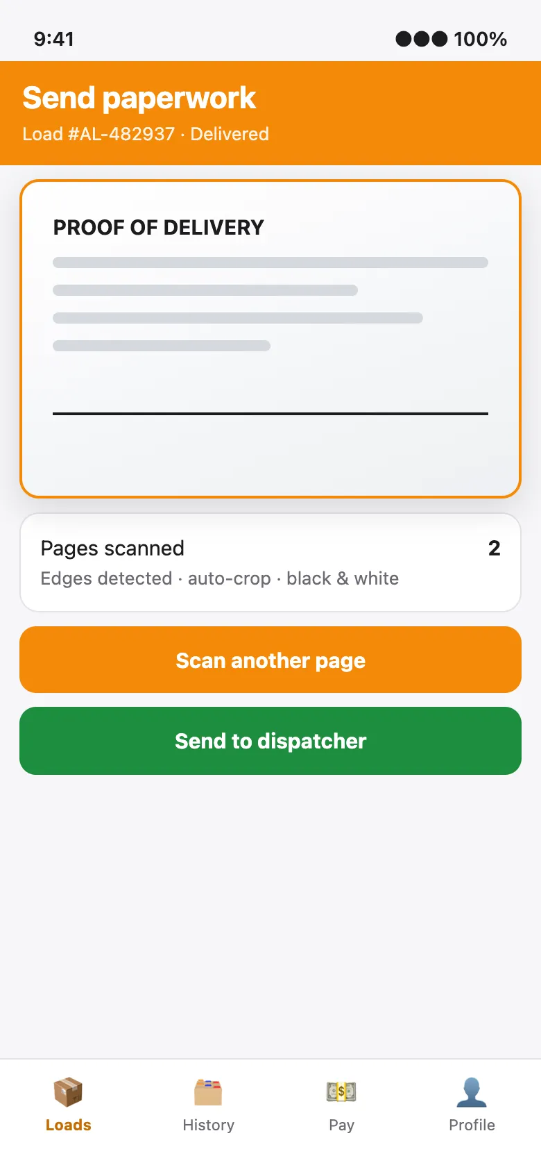 Driver app: scanning the proof of delivery